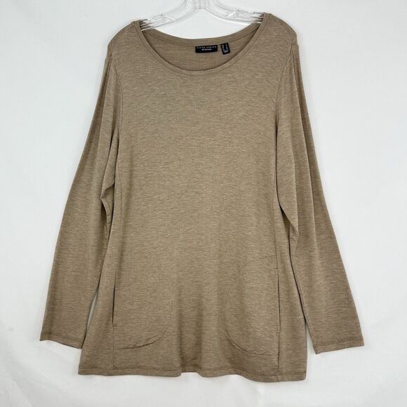 Susan Graver Weekend Beige Long Sleeve Round Neck Pocket Poly Knit Top Large - Picture 13 of 13